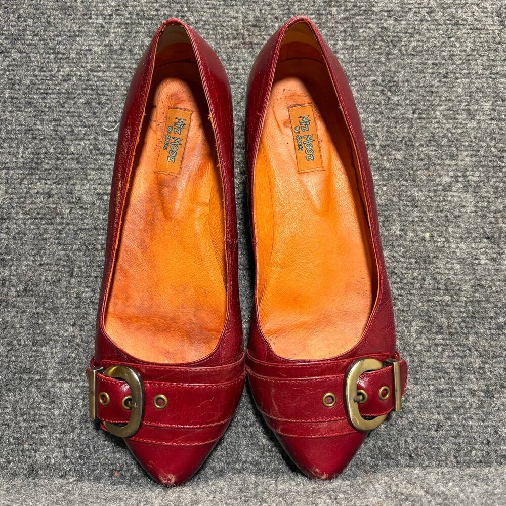 Miz Mooz Womens Size 7.5 Red Leather Pointed Toe Flats Large Buckle Detail Shoes